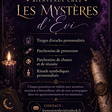 Flyer Les Mystères d'Evi: Tirages d'études, pochons, rituels personnalisés.