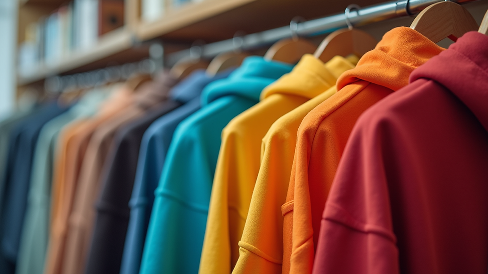 Eye-level view of a vibrant custom hoodie hanging on a rack