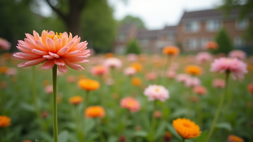 Eye-level view of a serene community garden with blooming flowers