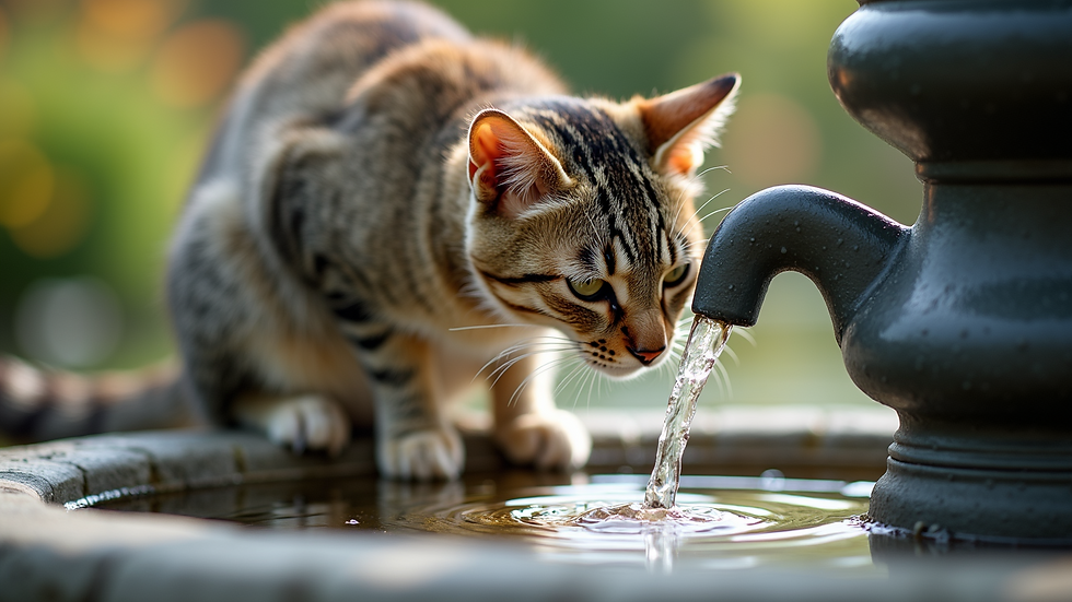 Close-up view of a cat drinking water from a fountain
