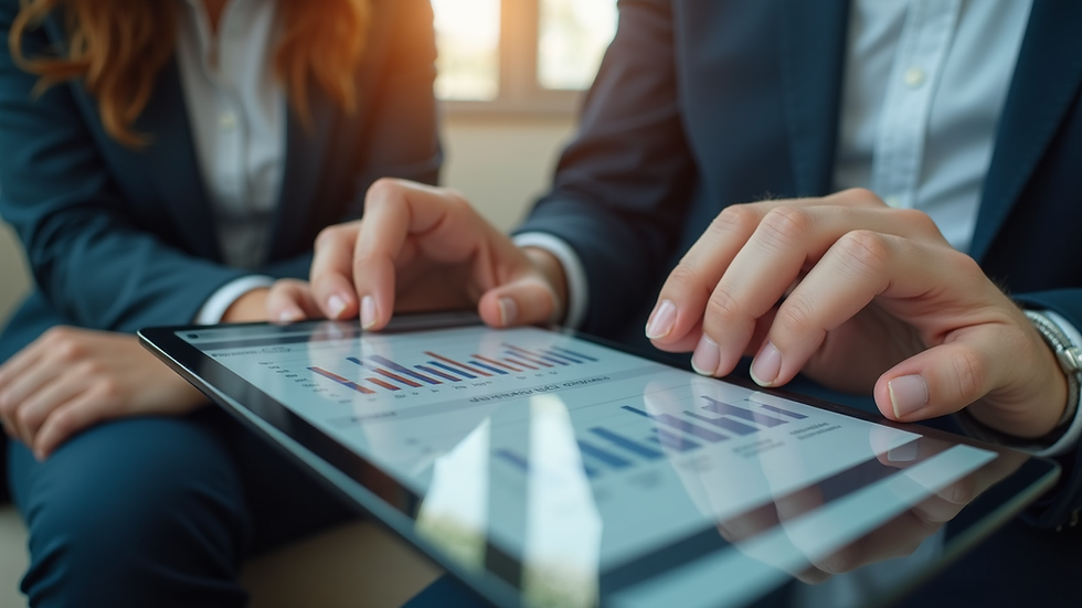 Eye-level view of a business team discussing billing software on a tablet