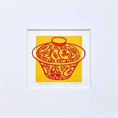 orange and red rice bowl with lid lino print
