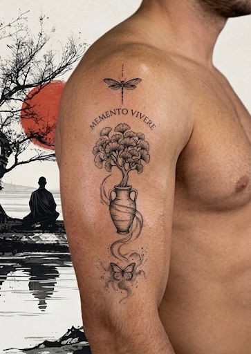 Fineline Tattoo mit Amphore, Ginkgo und Libelle