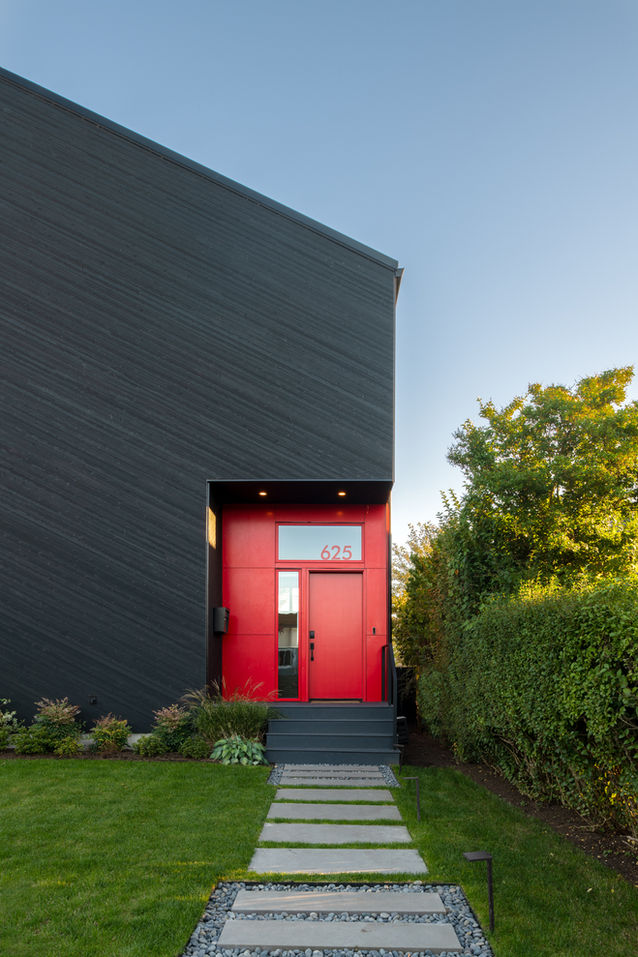 modern residential Fremont red door exterior black siding