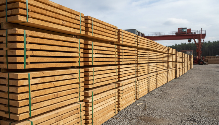 Eye-level view of stacked beech lumber in a timber yard