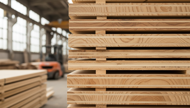 Yakın plan görünümde üst üste dizilmiş plywood levhalar görülüyor.