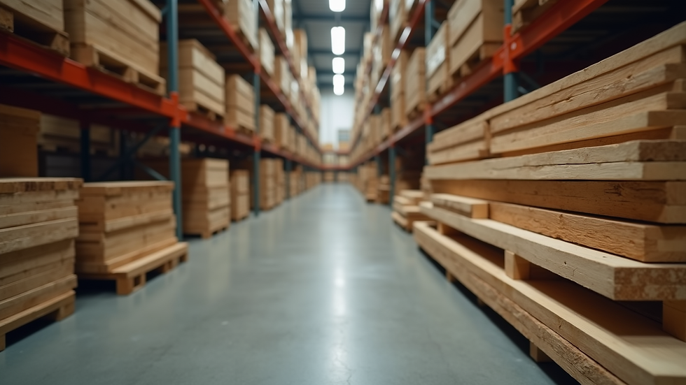 Eye-level view of stacked wooden planks in a warehouse