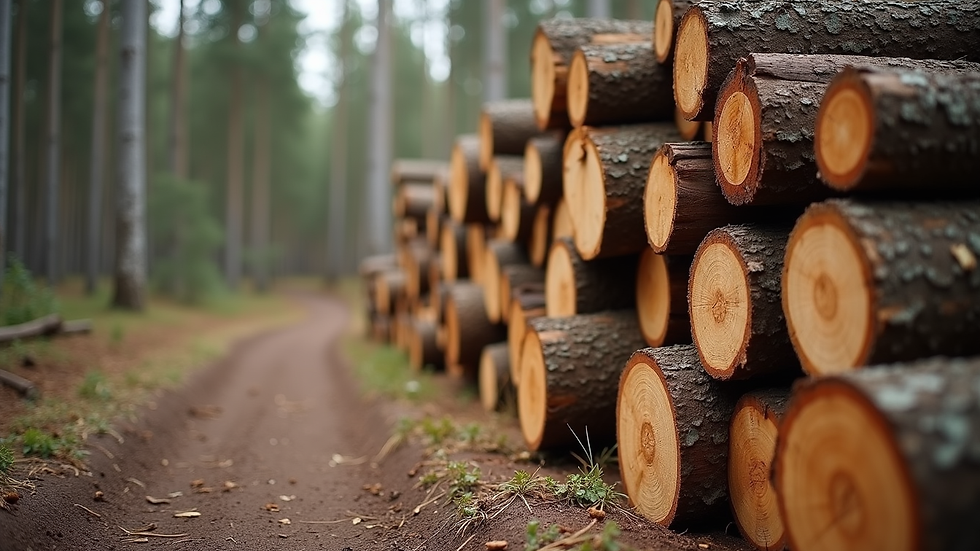 Eye-level view of fresh cut kavak logs stacked outdoors