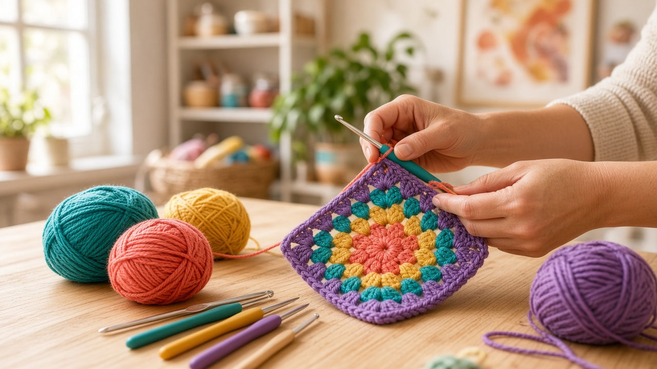 Colorful yarn and a granny square being crocheted