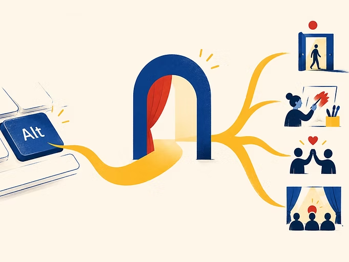 Illustration of the ALT.STAGE logo as a blue theatre arch with a red curtain and a yellow path branching into different creative experiences, including accessibility, visual arts, community collaboration, and live performance. An “Alt” keyboard key connects to the path, symbolising alternative ways of engaging.