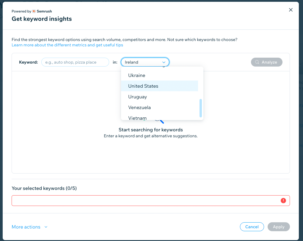 A screenshot of the Wix Semrush keyword research integration, with the location dropdown menu selected to reveal countries including Ukraine, the United States, Uruguay, Venezuela, Vietnam, etc.