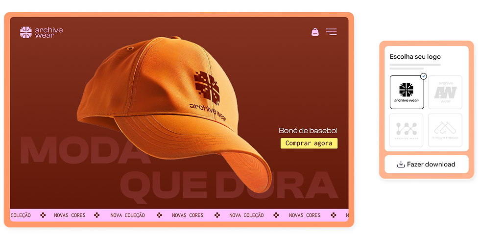 A página inicial da loja de moda "Archive Wear" exibindo um boné de basebol laranjado em destaque sob um fundo vermelho. Ao lado há uma janela pop-up com opções de logo para a loja.