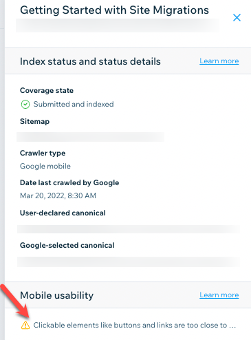 A screenshot of a panel for a page in the Wix site inspection tool, with an arrow pointing to a warning that says “clickable elements like buttons and links are too close together”