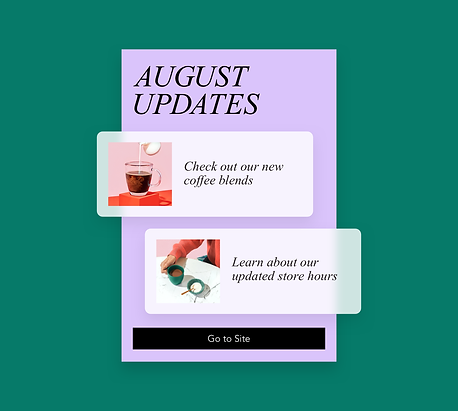 Purple newsletter email. Two banners with coffee, updates on new blends and store hours.