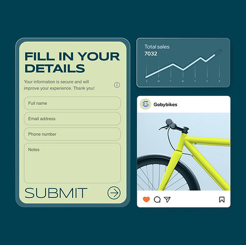 A contact form, social media ad and sales growth chart for a one-page website.