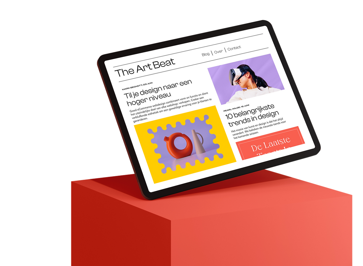 Tablet die een nieuwsbrief over kunst toont, met twee van de nieuwste blogs en een afbeelding van de laatste drie geposte blogs.