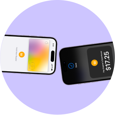 A POS device and a smartphone meet to make a payment, over a light purple background.
