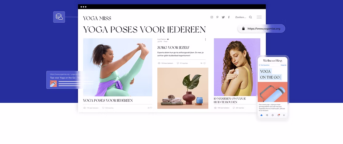 Homepage van een yogablog. Bedrijfsnaam: YOGA MISS. Homepage toont 3 artikelen: favoriete yogahoudingen, zelfverzorging en huidverzorging. Ook wordt er op een telefoonscherm een artikel getoond: yoga on the go. Er zijn afbeeldingen van een vrouw die zich uitstrekt, lifestyle-producten en een vrouw die een moisturizer aanbrengt.