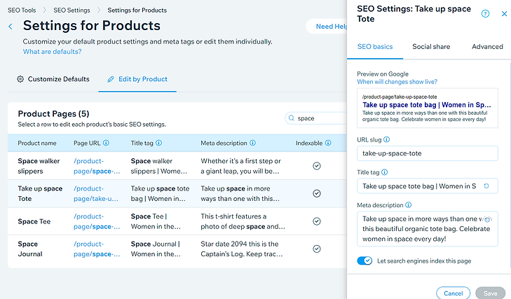 A screenshot of the Wix SEO panel open as a right-hand menu, appearing as a layer on top of the Edit by Page table.