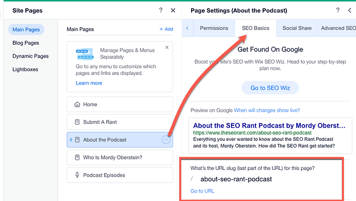 option to customize URL slugs within the Wix Editor’s SEO Panel