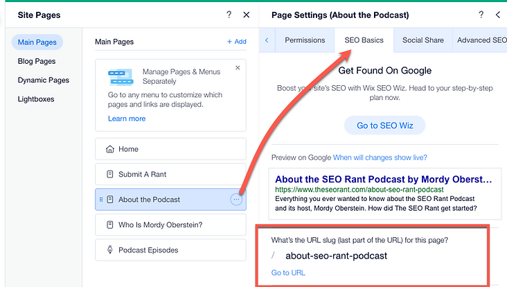 option to customize URL slugs within the Wix Editor’s SEO Panel 