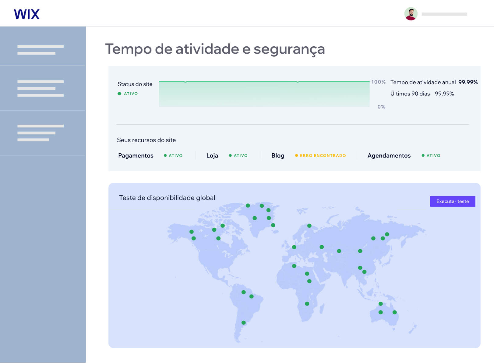 Um painel de controle do Wix exibindo a hospedagem segura.