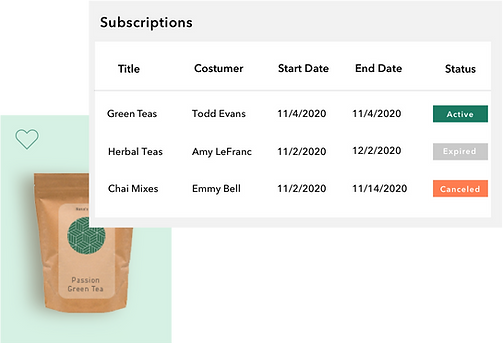 Dashboard managing a Wix online store tea subscription with auto-renew feature