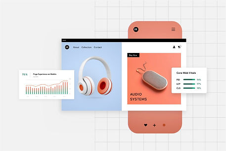 Headphones website homepage shown on desktop and mobile. Also show are core web vital measurements of the site.