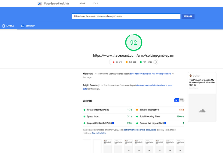 The PageSpeed Insights score for an AMP-enabled Wix blog page.