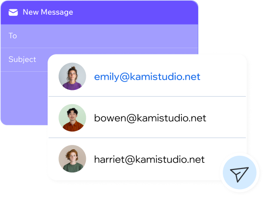 A list of business email addresses with profile photos displays over a purple panel titled “New Message”.