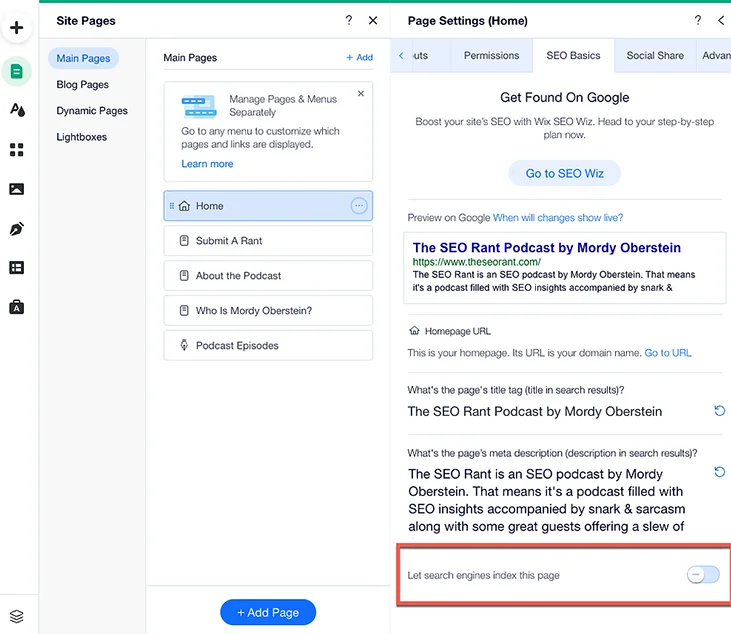 Noindex setting in wix editor