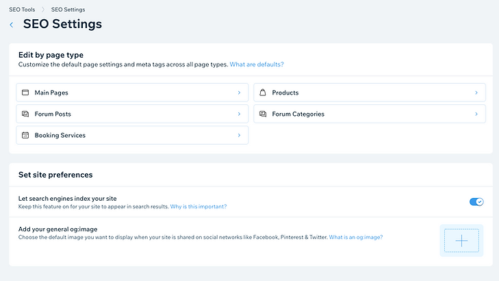 Wix SEO Settings section shows editing options according to page type.