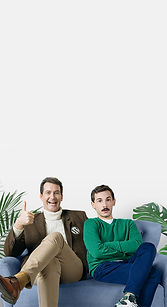A character representing WordPress and a website designer are sitting on opposite ends of a sofa. WordPress is smiling and giving a thumbs up, the designer looks frustrated.