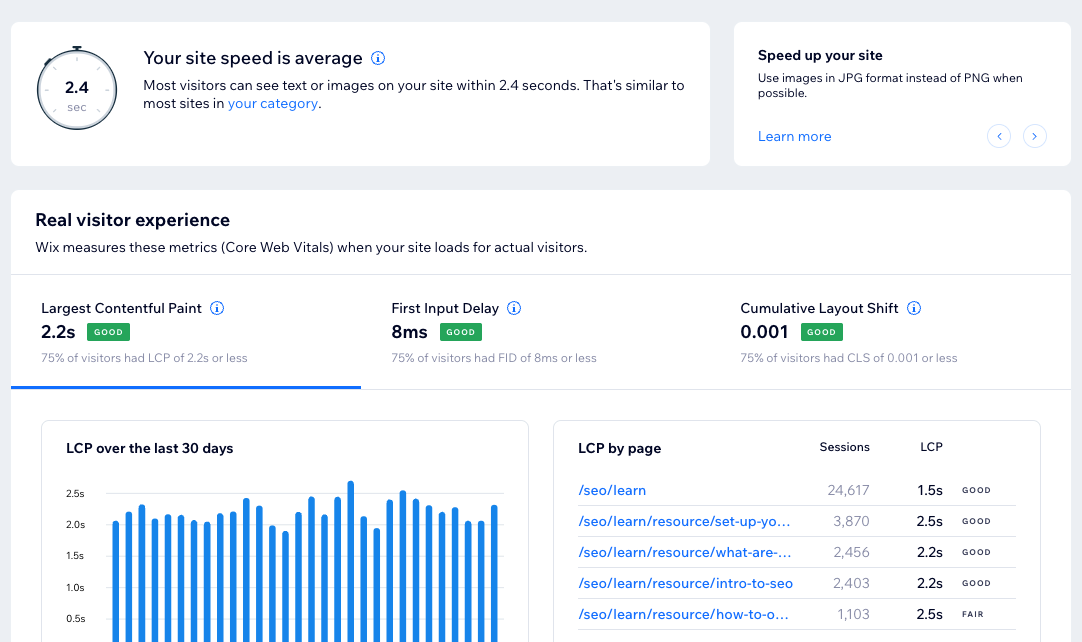 A screenshot of the Wix site speed dashboard, showing speed trends, benchmarks, and entry page speed for various pages on an example site.