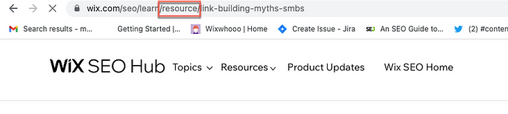 A screenshot of the URL bar within a browser, showing a path that reads “https://www.wix.com/seo/learn/resource/link-building-myths-smbs” with a red box around “/resource/”