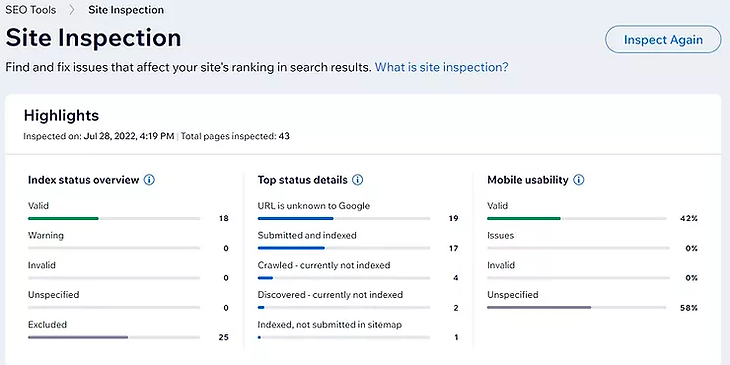 A screenshot of the Wix site inspection dashboard highlights section.