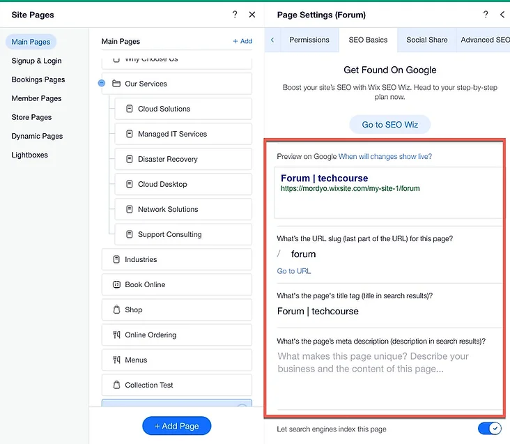 editing title tags and meta descriptions in the Wix SEO Basics tab.