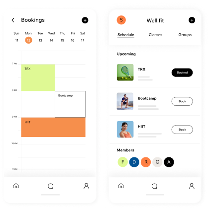 A calendar titled “Bookings” shows green and orange slots, and a schedule titled “Well.fit” lists upcoming services.