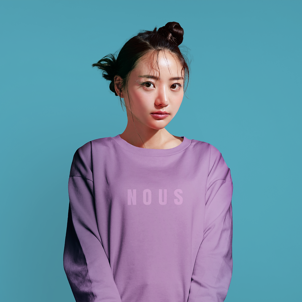 Model wearing purple NOUS pullover