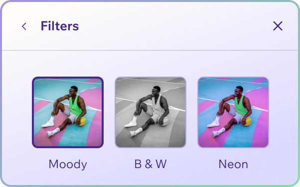 Three image filter options with examples of how they look for moody, black and white and neon filters.