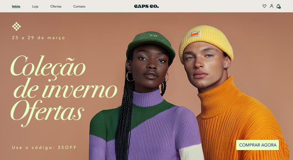 Um site de e-commerce para a Caps Co., com metadados correspondentes e um domínio criado com o gerador de nomes de domínio da Wix.