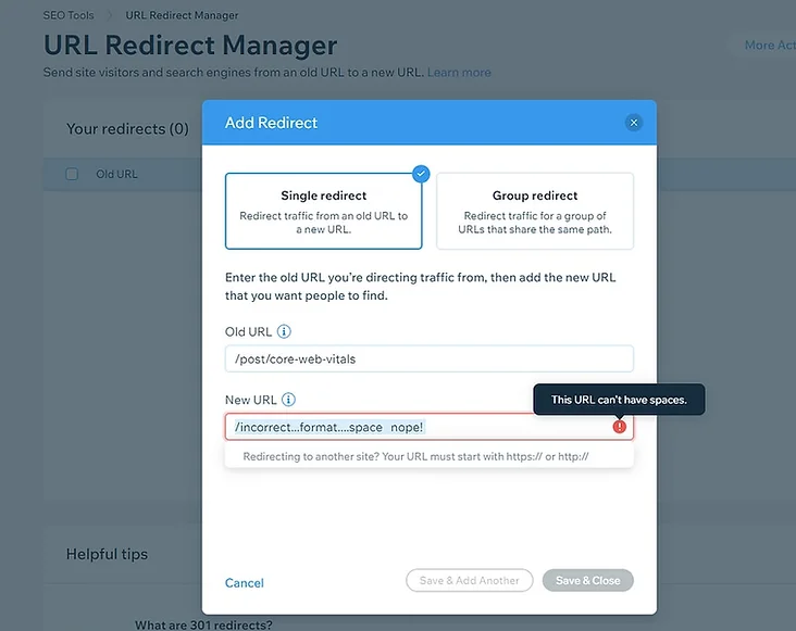 Wix URL Redirect Manager detects incorrectly formatted URLs.