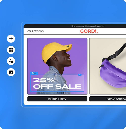 Wix editor view of online store. “25% Off Sale” is written inside of blue text box over a yellow hat. Adjacent fanny pack.
