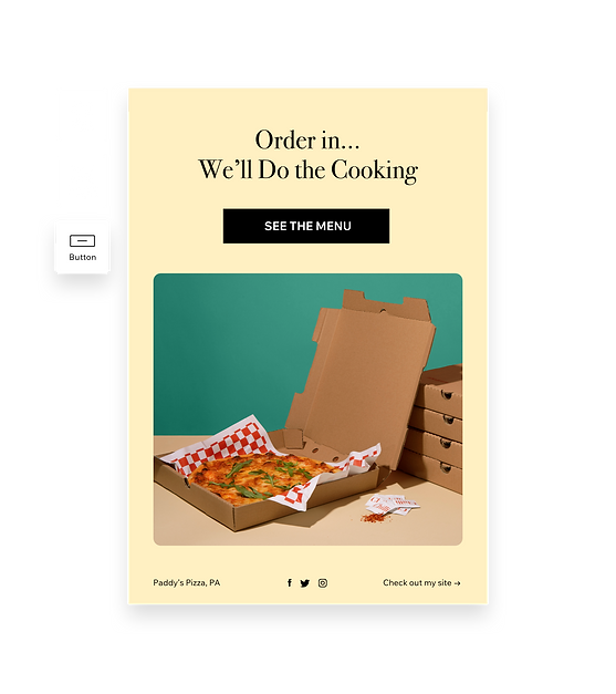 Promotional email with pizza, text ‘order in, we’ll do the cooking’ and menu button. On the left: tools to add buttons, images and text.