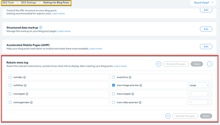 page-type-level SEO settings in wix