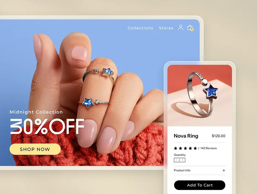On the left, the homepage of a jewelry brand’s online store. On the right, a mobile device displaying a product page featuring a silver ring with a blue star.