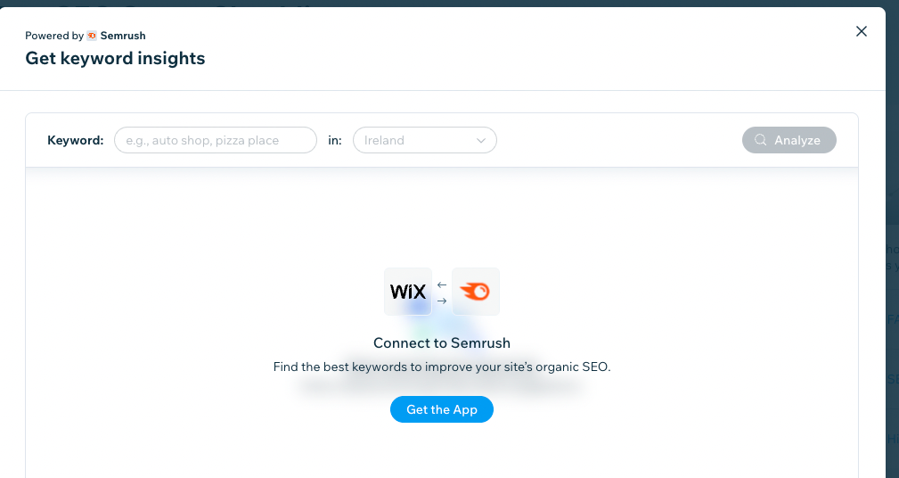 A screenshot of the wix semrush integration, showing a prompt that says “connect to Semrush. Find the best keywords to improve your site’s organic SEO.” and a button labeled “get the app”