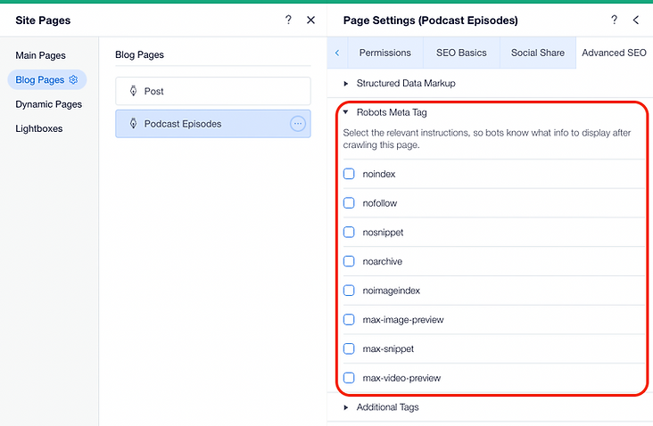 robots meta tags in wix editor