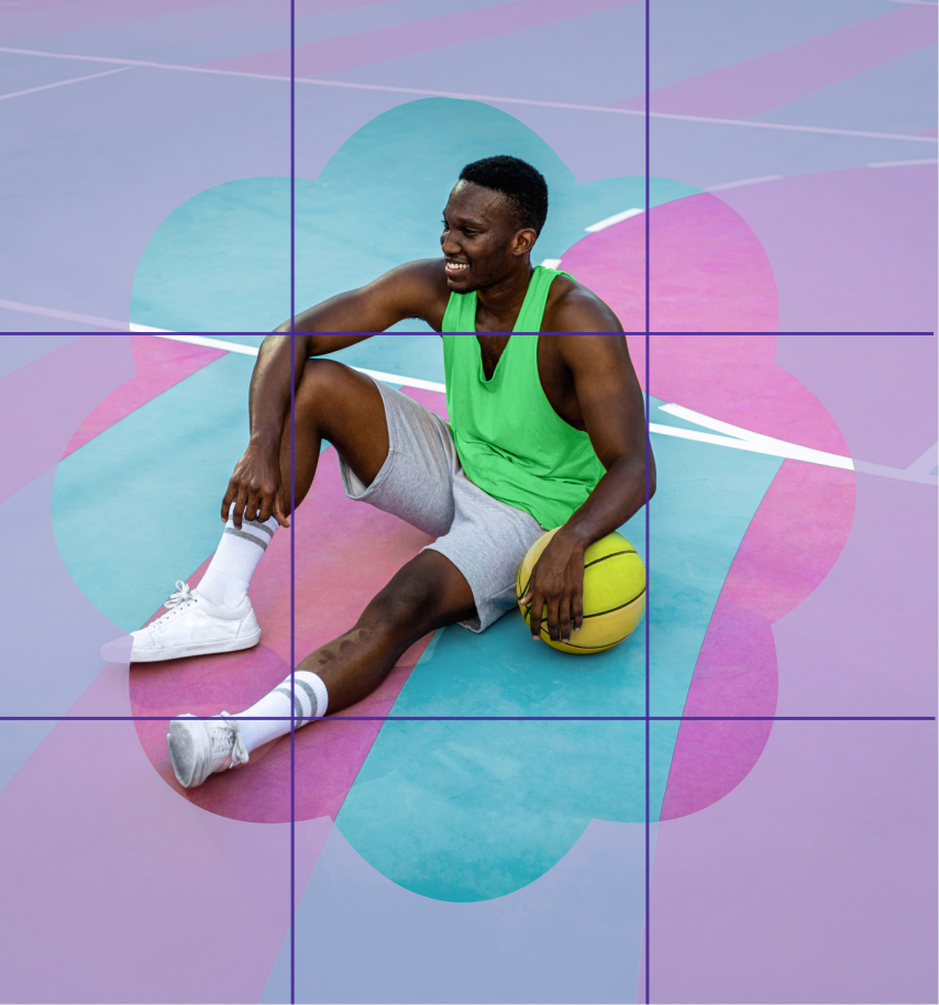 Photo of a man sitting on a basketball court being edited with shapes and filters.
