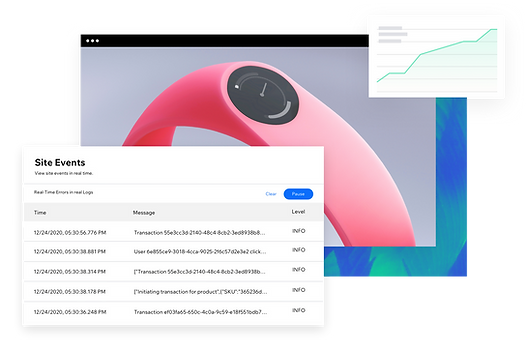 A screenshot from the Velo platform showing “Site Events” layered over a product image of the smart watch with an example graph.